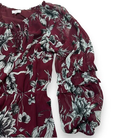 PARKER 100%Silk Ruffle Tier Floral Dress Sheer Sleeve Burgundy Sundress Small - Picture 10 of 13